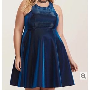 Torrid blue iridescent racer back skater dress NWT